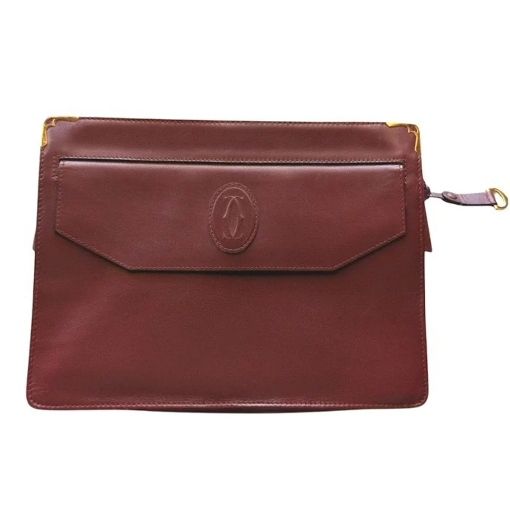 Vintage Cartier Les Must de Cartier Burgundy Leather‎ Clutch Bag Gold Corners